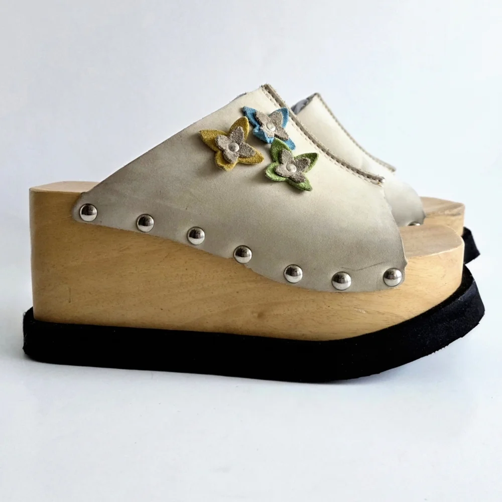 Thick Wood Platforms With Flower, Soft Floppy Leather Uppers & Silver Studs 7.5
